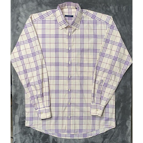 Burberry London Long Sleeve Button Up Shirt Men's Medium Plaid Cream Purple USA